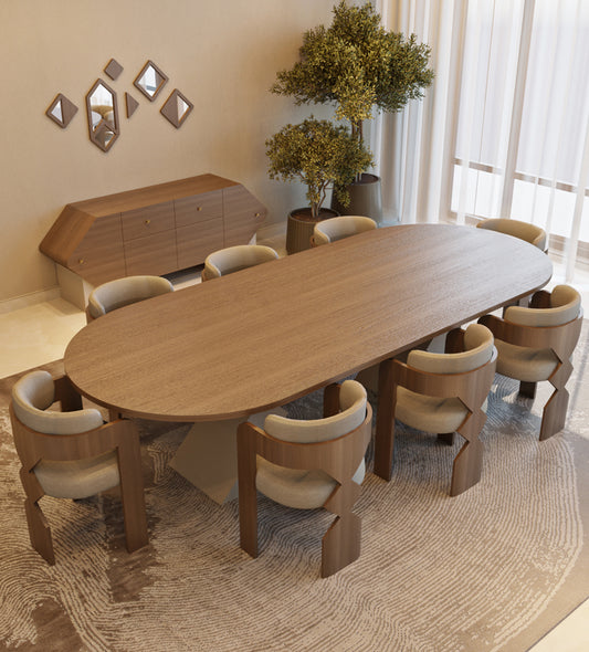 Rounded rectangle large dining table with brass inlay from Kashida's latest furniture collection, Nuqat.