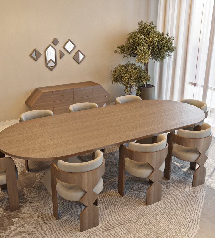 Rounded rectangle large dining table with brass inlay from Kashida's latest furniture collection, Nuqat.