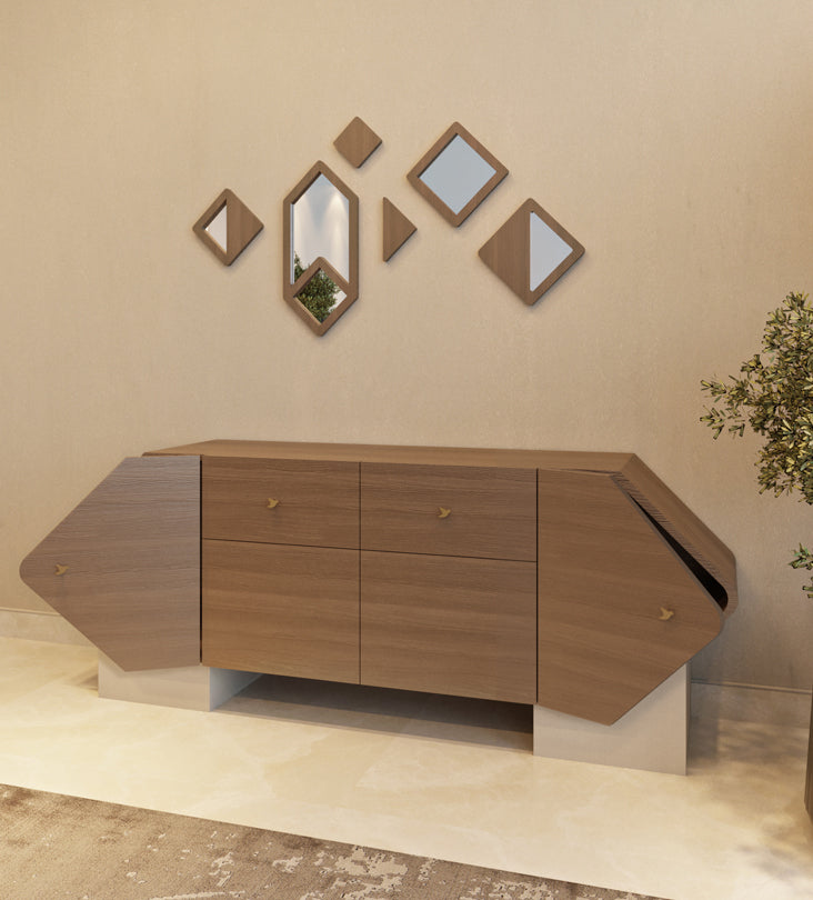 Uniquely shaped dining room sideboard from Kashida's latest furniture collection, Nuqat.