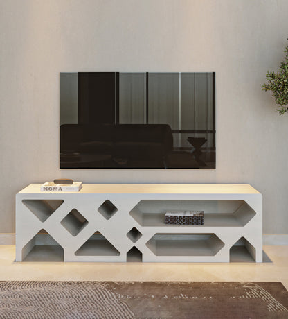 Minimalistic modern beige television console table by Kashida with diamonds and triangles cut through the wood