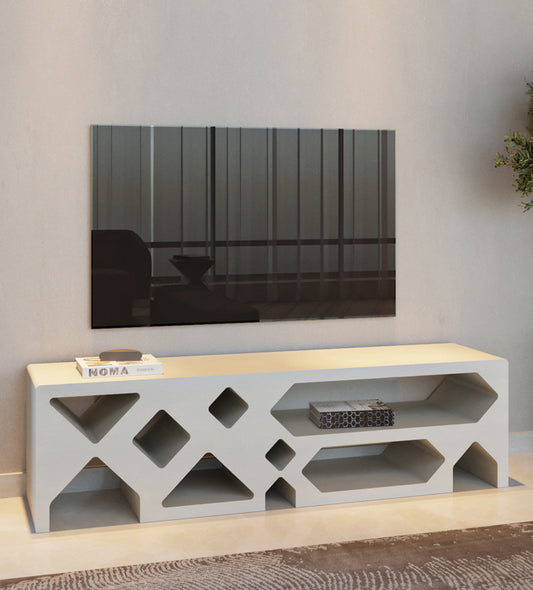 Minimalistic modern beige television console table by Kashida with diamonds and triangles cut through the wood