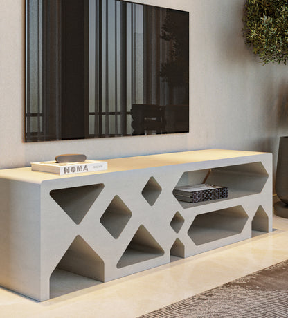 Minimalistic modern beige television console table by Kashida with diamonds and triangles cut through the wood