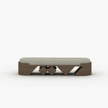 Modern wooden bench with rounded edges and neutral tone upholstery from Kashida's Nuqat collection.