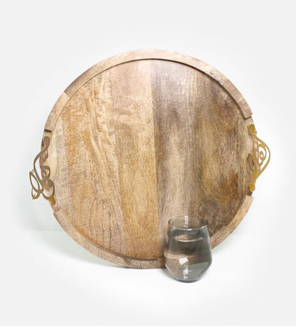 Round wooden tray with Arabic calligraphy handles made in brass