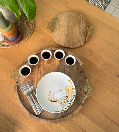 Round wooden tray with Arabic calligraphy handles made in brass