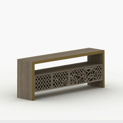 Luxury television bench and media console in Arabic calligraphy and arabesque pattern in American walnut wood