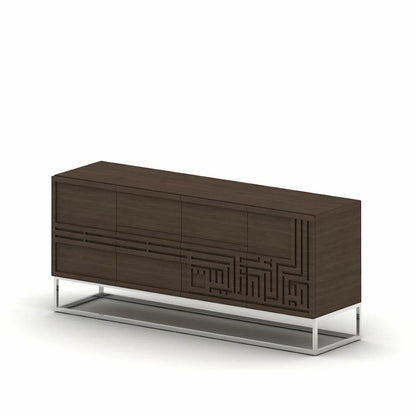 Modern God bless this home dining room sideboard in walnut wood and polished steel base with Arabic calligraphy