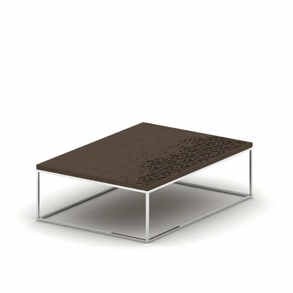 Luxury coffee table with Arabic calligraphy merging into wood with stainless steel base