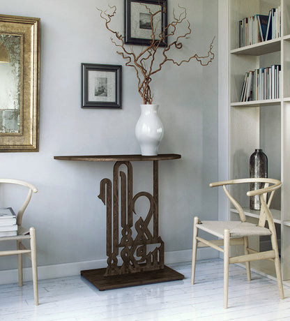 Wooden entrance console with arabic calligraphy letters that translate to welcome