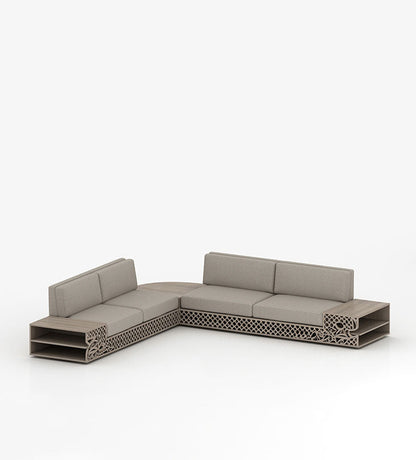 Huge L shape sofa with Arabic calligraphy and arabesque pattern in beautiful wood and beige fabric