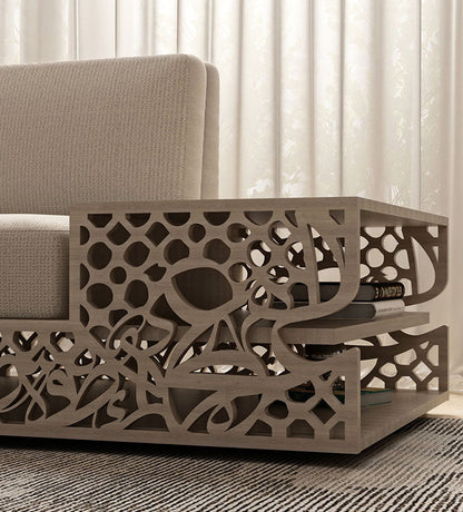 Huge L shape sofa with Arabic calligraphy and arabesque pattern in beautiful wood and beige fabric