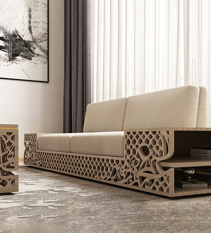 Luxury sofa with shelves in Arabic calligraphy and arabesque pattern in American walnut wood