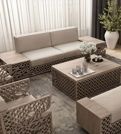 Luxury sofa with shelves in Arabic calligraphy and arabesque pattern in American walnut wood