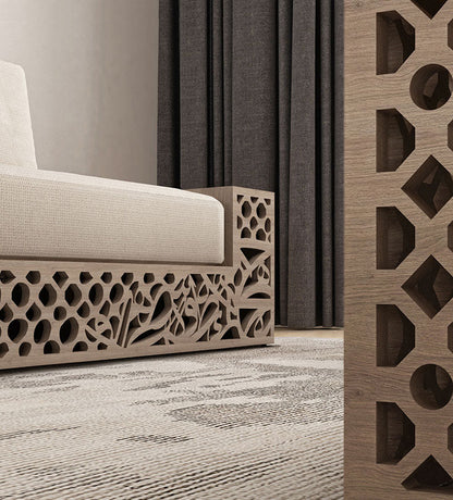 Luxury sofa with Arabic calligraphy and arabesque pattern in American walnut wood