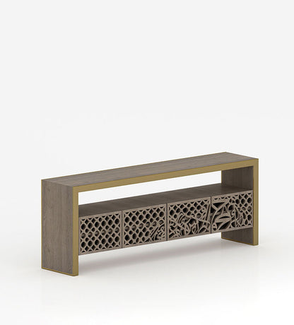 Luxury television bench and media console in Arabic calligraphy and arabesque pattern in American walnut wood