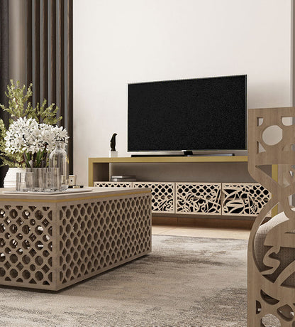 Luxury television bench and media console in Arabic calligraphy and arabesque pattern in American walnut wood