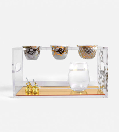 Contemporary acrylic holder for Arabic coffee cups finjal with Arabic graffiti print