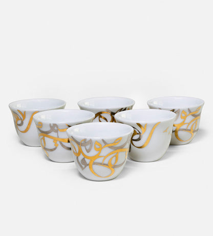 Contemporary gold and silver porcelain coffee cup finjal with Arabic graffiti print