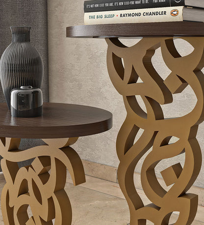 Gold and wooden side table in modern Arabic calligraphy