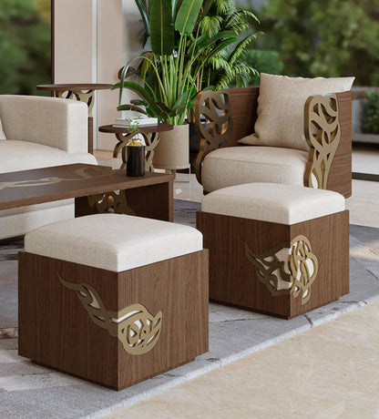 Luxurious stool with Arabic calligraphy woodwork and beige fabric