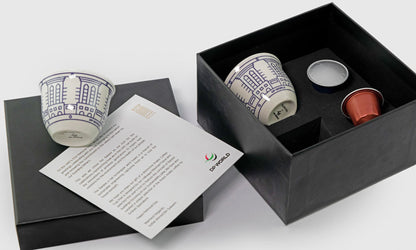 Gift box of Arabic qahwa coffee cups with capsules with bespoke design by Kashida inspired by UAE culture