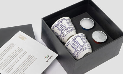 Gift box of Arabic qahwa coffee cups with capsules with bespoke design by Kashida inspired by UAE culture