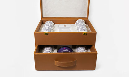 Luxury VIP arabic coffee cup set in leather box designed by Kashida as part of UAE corporate gifts collection