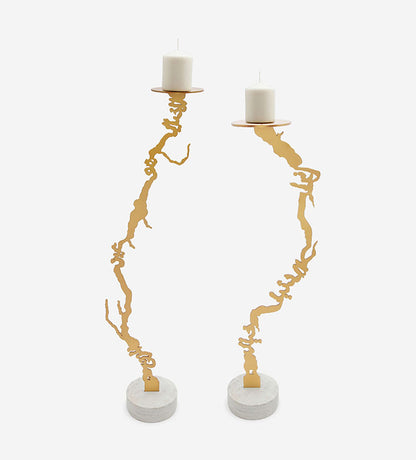 Modern contemporary metal and corian candlesticks in Arabic calligraphy