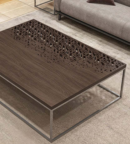 Luxury coffee table with Arabic calligraphy merging into wood with stainless steel base