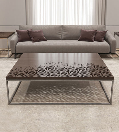 Luxury coffee table with Arabic calligraphy merging into wood with stainless steel base