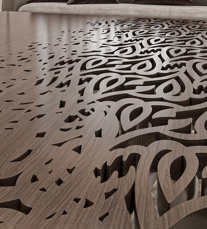 Luxury coffee table with Arabic calligraphy merging into wood with stainless steel base