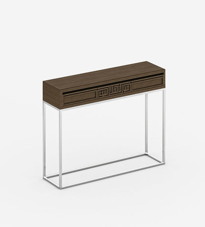 Modern God bless this home walnut wood entrance console in Arabic calligraphy with stainless steel base