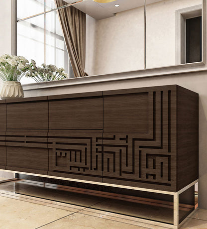 Modern God bless this home dining room sideboard in walnut wood and polished steel base with Arabic calligraphy