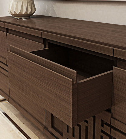 Modern God bless this home dining room sideboard in walnut wood and polished steel base with Arabic calligraphy