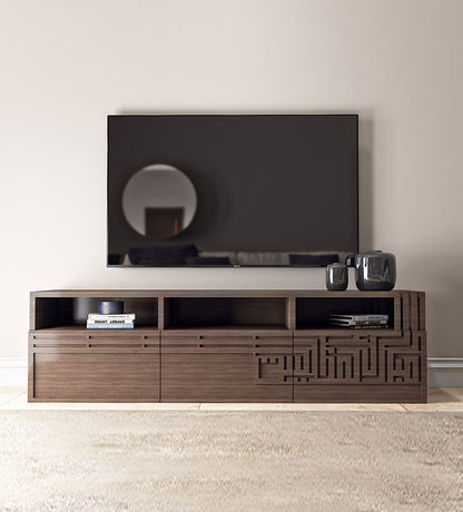 Modern God bless this home television console in walnut wood with Arabic calligraphy