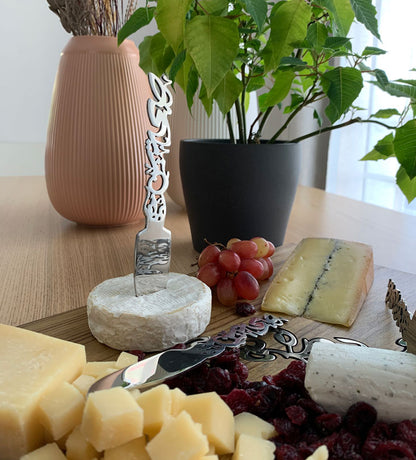 Elegant silver and walnut wood cheese board in Arabic calligraphy