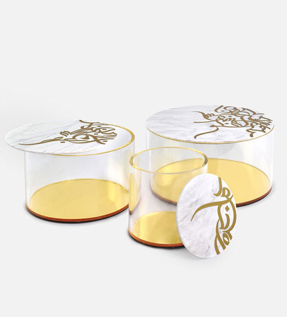 Medium marble acrylic storage can with Arabic graffiti print and gold base