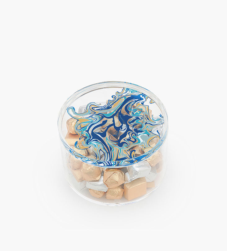 Contemporary transparent acrylic storage cylinders with Arabic calligraphy fluid art