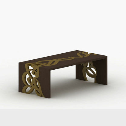 Luxurious gold and walnut wood coffee table with arabic letters woodwork on edges featuring modern arabic calligraphy from kashida design