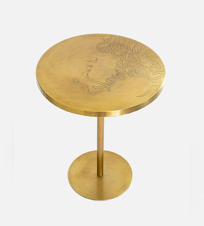 Brass round table with contemporary Arabic graffiti etchings