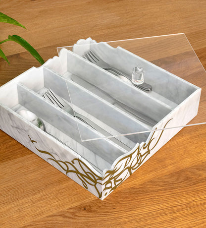 Marble acrylic cutlery holder with Arabic graffiti print for dining table