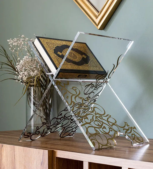 Contemporary transparent quran display stand with Arabic graffiti print