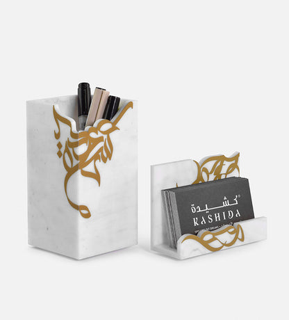 Modern marble acrylic pen holder for desk in Arabic graffiti print