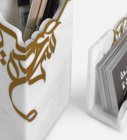 Modern marble acrylic pen holder for desk in Arabic graffiti print