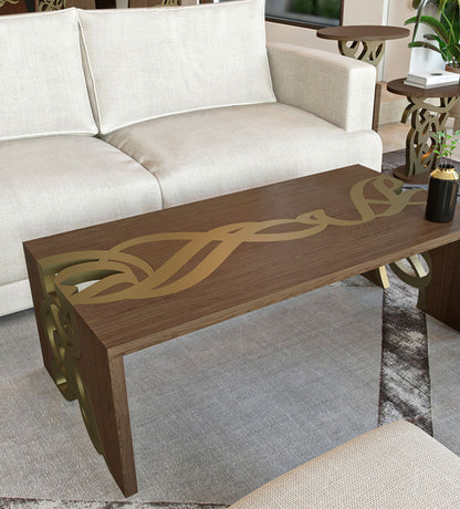 Luxurious gold and walnut wood coffee table with arabic letters woodwork on edges featuring modern arabic calligraphy from kashida design