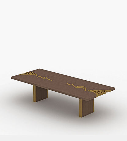 Luxurious dining table with Arabic calligraphy woodwork in gold and walnut wood