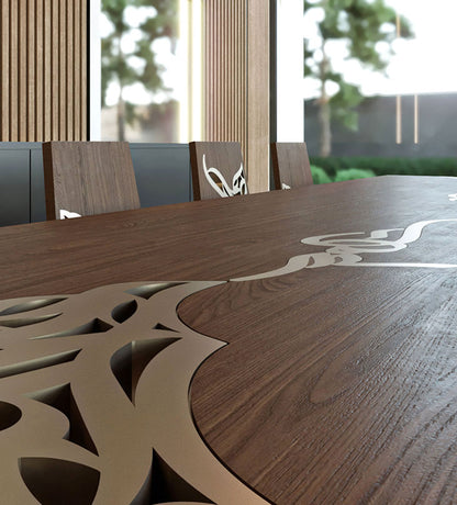 Luxurious dining table with Arabic calligraphy woodwork in gold and walnut wood