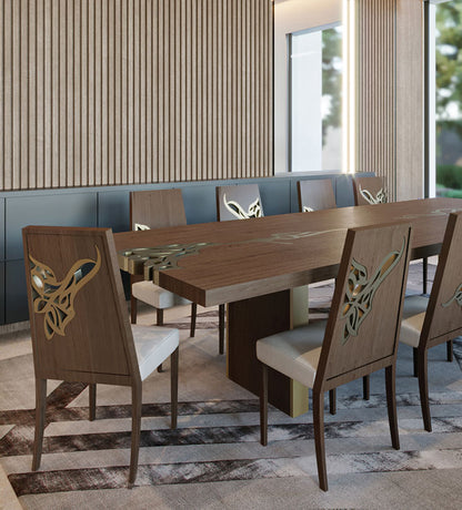 Luxurious dining table with Arabic calligraphy woodwork in gold and walnut wood