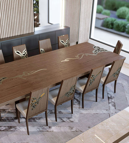 Luxurious dining table with Arabic calligraphy woodwork in gold and walnut wood