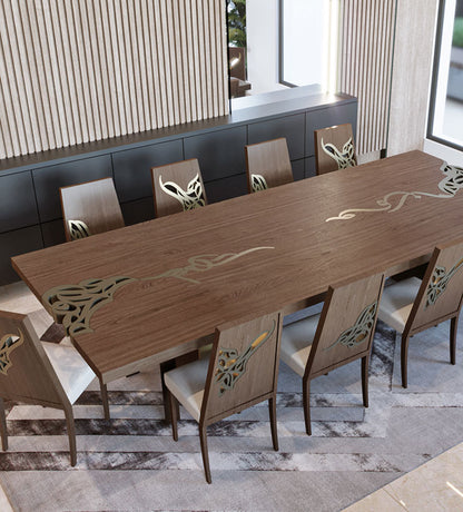 Luxurious dining table with Arabic calligraphy woodwork in gold and walnut wood